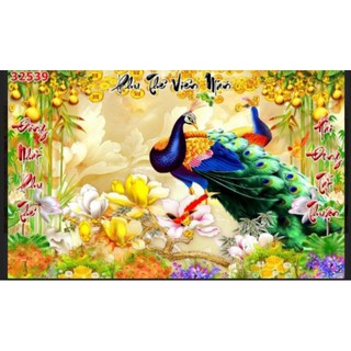 Tranh dán tường 3d phong thủy chim công in vải lụa kt 120x80cm