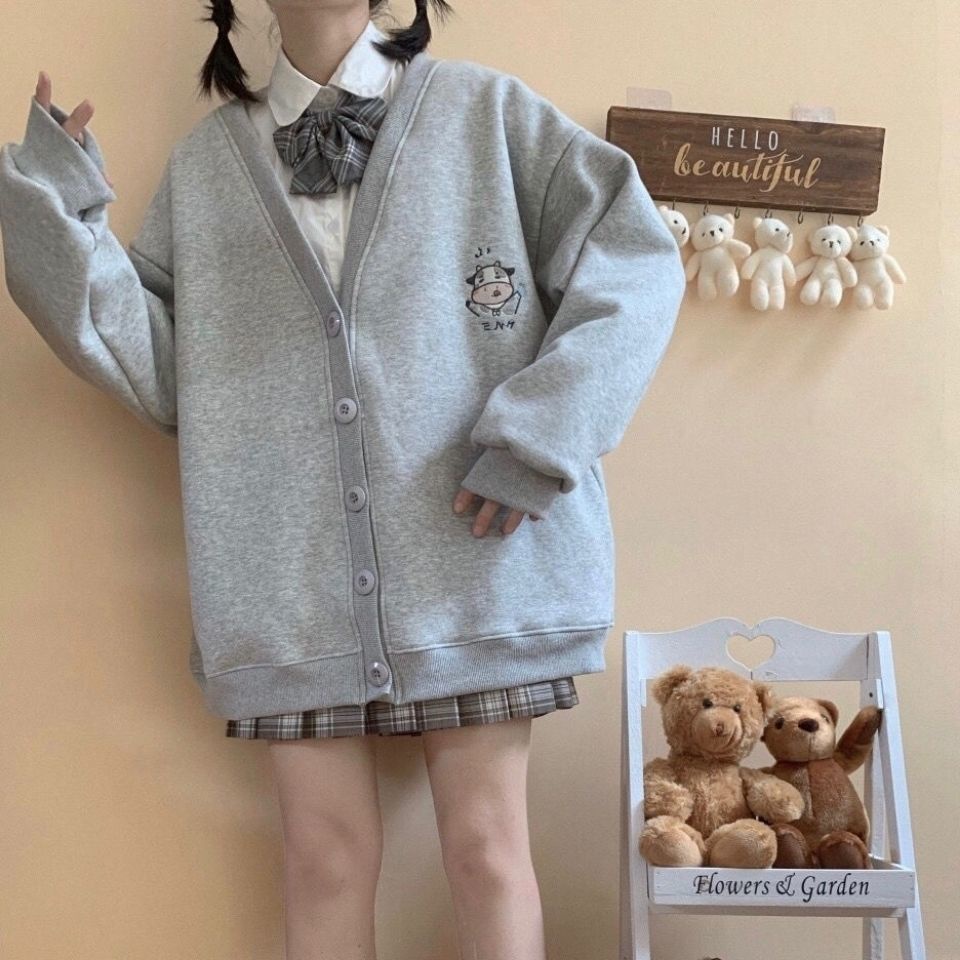 Áo khoác cardigan dáng rộng có túi phối nút dễ thương thời trang thu đông