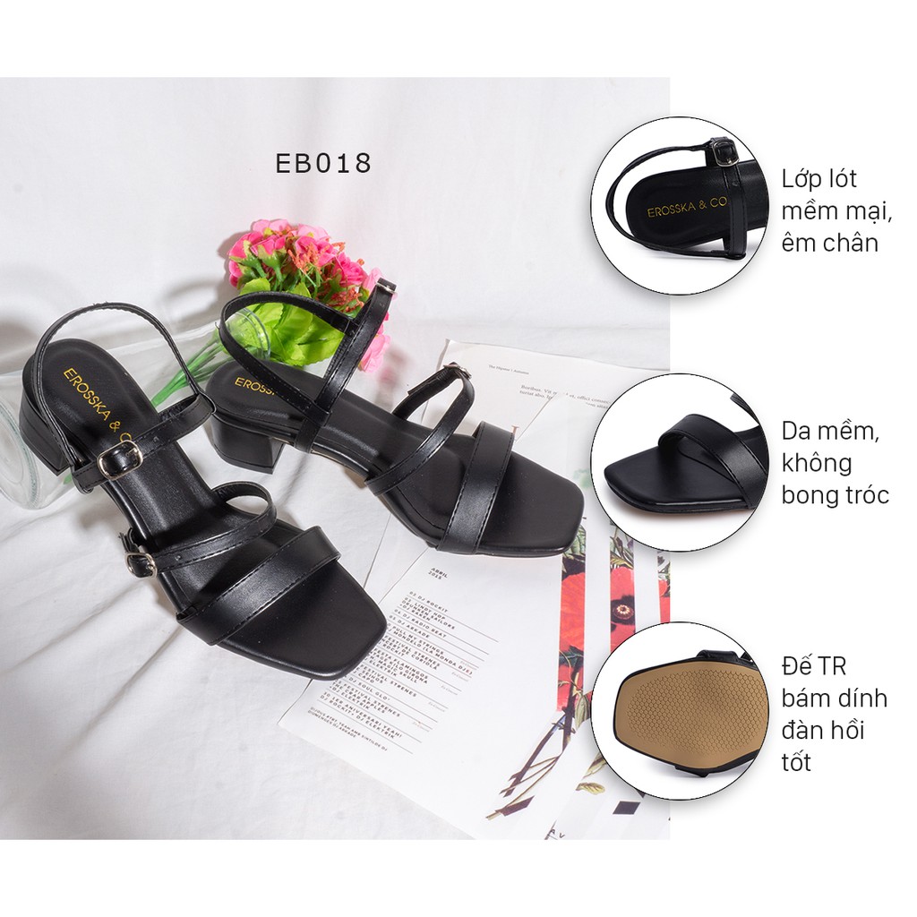 Giày sandal cao gót Erosska mũi vuông phối dây quai mảnh cao 3cm màu đen - EB018