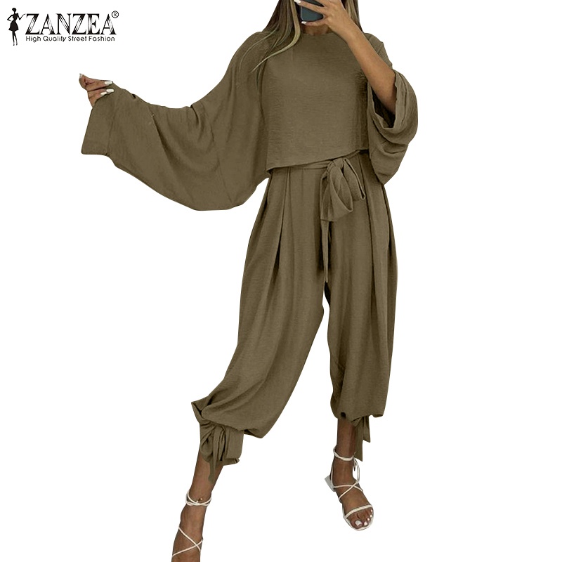 Set đồ Zanzea gồm áo tay dài rũ và quần ống rộng thời trang nữ