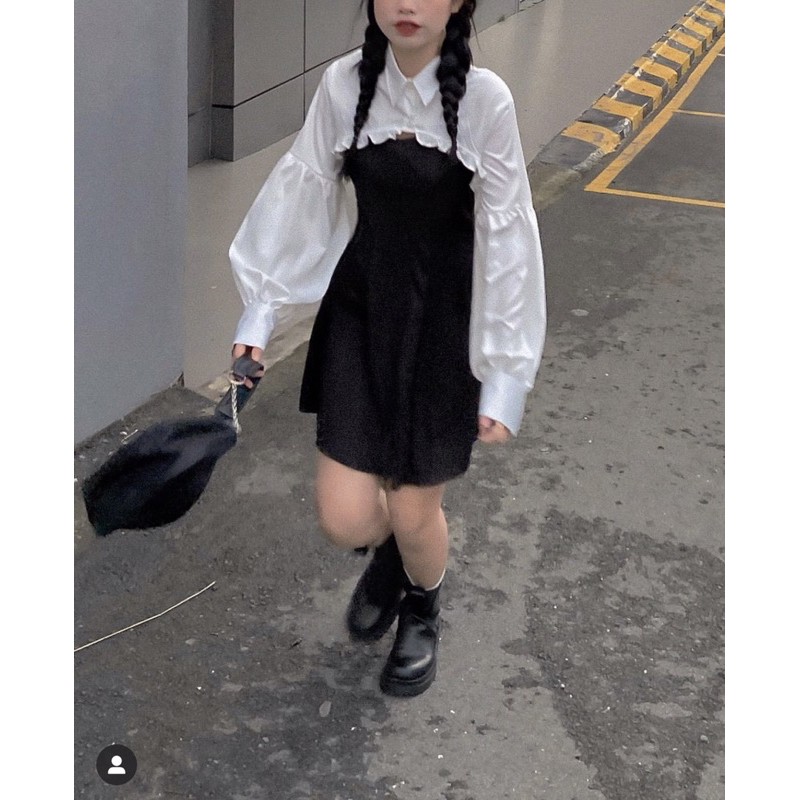 (CLIP THẬT) Đầm 2 dây phối áo croptop sơ mi tay bồng | BigBuy360 - bigbuy360.vn