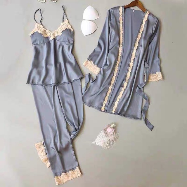 Sx265-1 combo set 4 món - đồ ngủ lụa satin phối ren -KellyWang