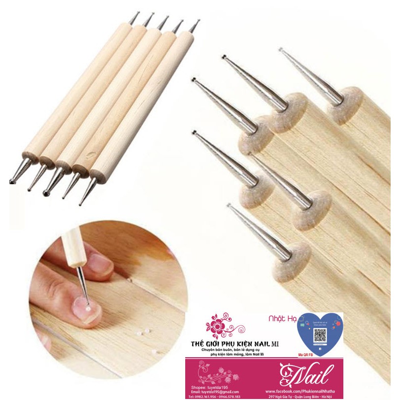 Bộ Bút Chấm Bi 2 Đầu Trang Trí Móng Tay - Cán Gỗ 5 Cây