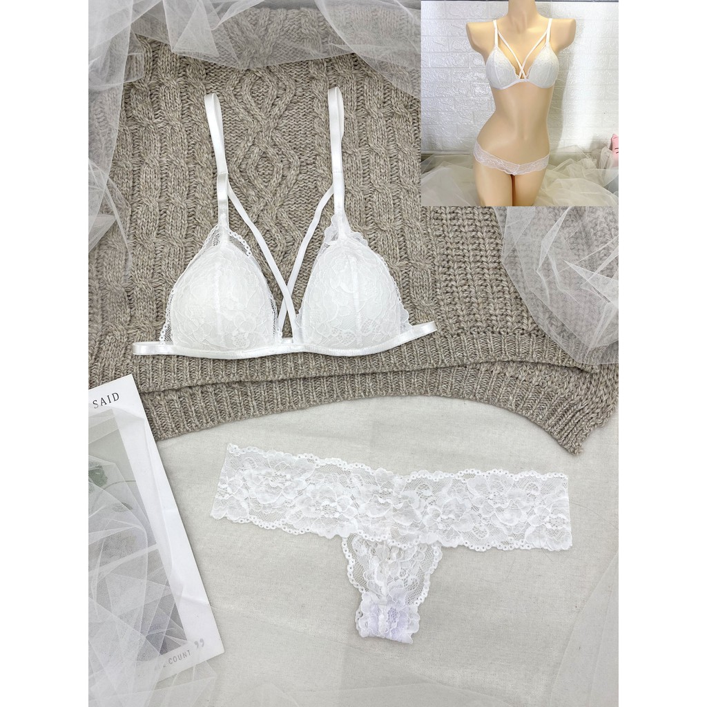 Đồ lót ren sexy màu trắng có dây ôm ngực nguyên set gồm áo + quần BRAHY 067