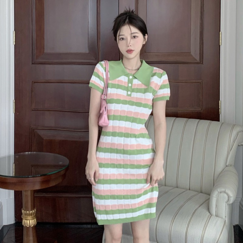 Đầm dệt kim ZHELIHANGFEI kẻ sọc cổ polo dáng ôm phong cách gợi cảm cho nữ