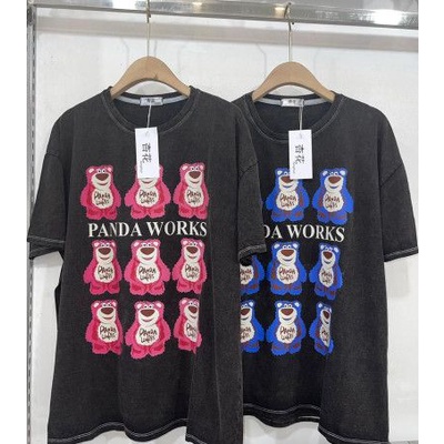 Áo phông nữ tẩy loang xám đen hình ngộ nghĩnh