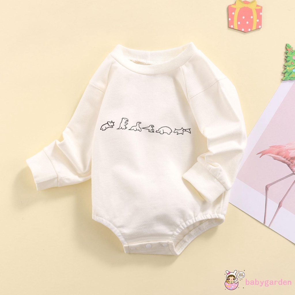 Áo Liền Quần Tay Dài Cổ Tròn In Hình Khủng Long Hoạt Hình Cho Bé 0-24 Tháng Tuổi