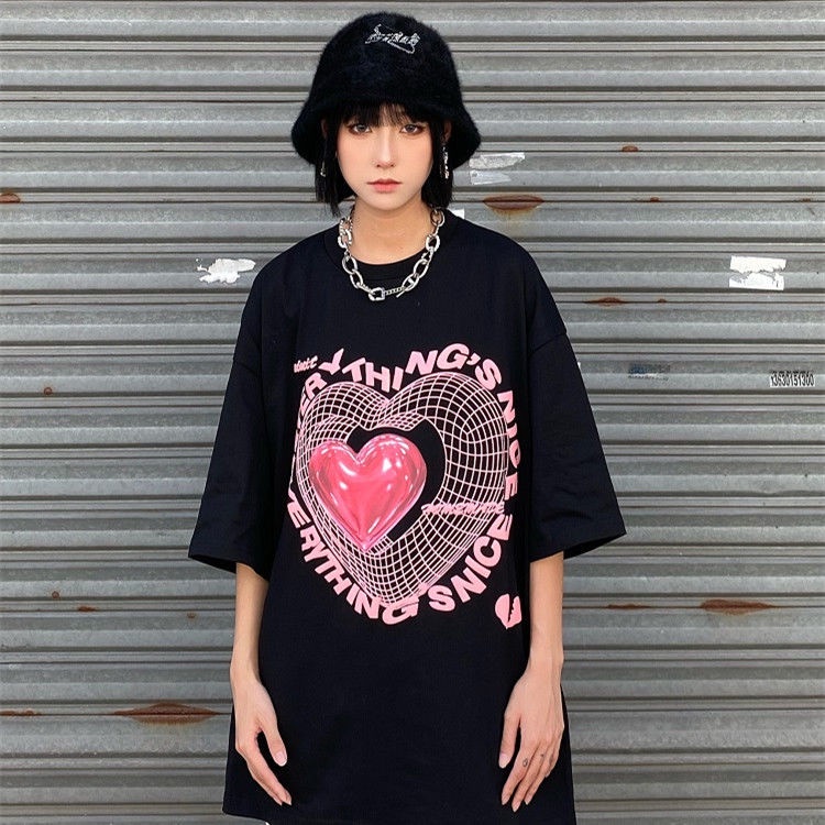 Áo thun nữ ngắn tay in hình trái tim phong cách Hàn Quốc