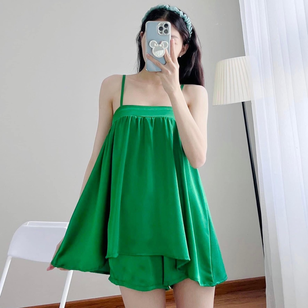 Bộ lụa hai dây cao cấp, Đồ bộ hai dây mặc nhà, mặc đi chơi mùa hè dễ thương, sexy, bánh bèo B12