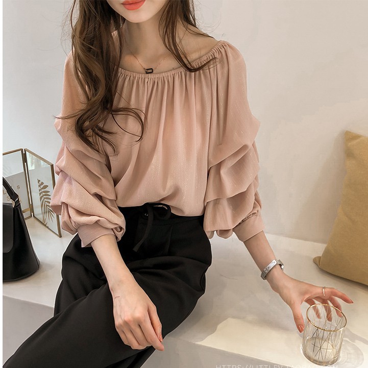 Áo Sơ Mi Chiffon Cổ Thuyền Dáng Rộng Màu Xanh Dương Phong Cách Hàn Quốc Thời Trang Công Sở Cho Nữ (1001)