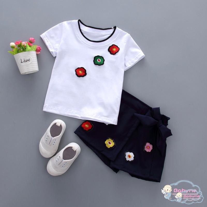 Set áo thun ngắn tay cổ tròn và quần váy ngắn họa tiết hoa thời trang hè dễ thương cho bé gái