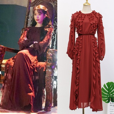 IU Đầm Maxi Chiffon Dài Tay Màu Đỏ Rượu Vang Phong Cách Hàn Quốc