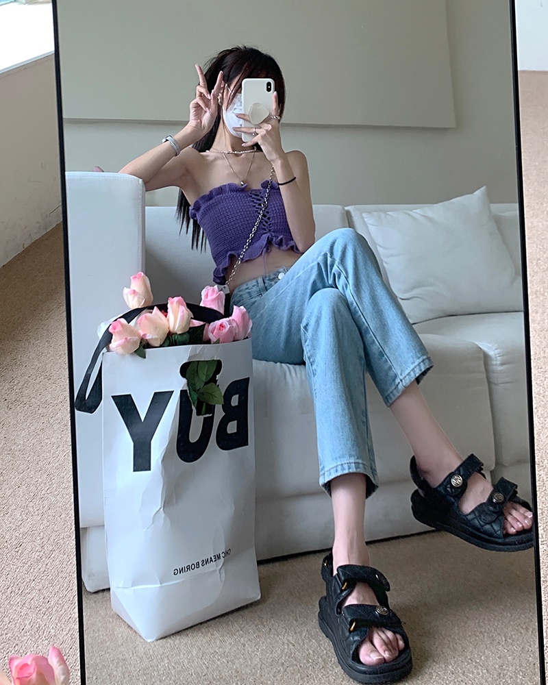 Quần Denim Ống Suông Lưng Cao Thêu Hình Nấm Phong Cách Mới Mùa Hè 52328