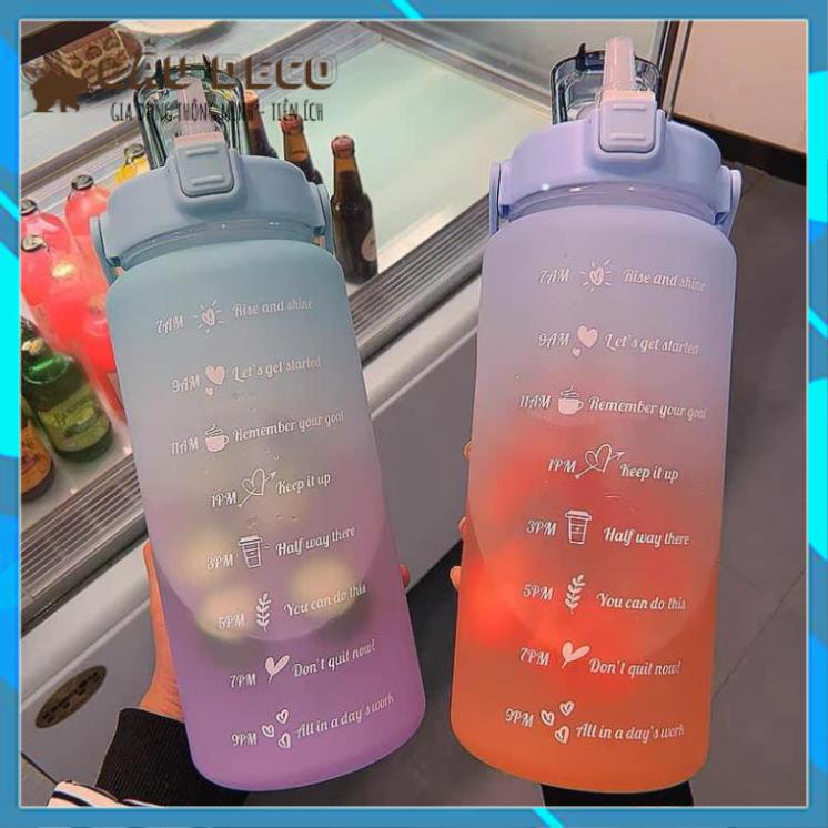 Bình nước 2 lít chia vạch siêu kute [FREESHIP]  Báo giờ uống nước dễ thương cute thể thao có ống hút