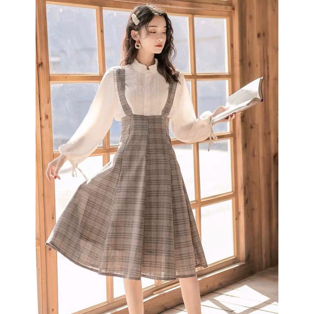 SET YẾM CARO ĐAN DÂY LƯNG + ÁO SƠ MI CỔ BÈO TAY BỒNG