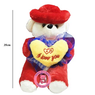 Gấu bông ôm tim ngồi đội nón 35cm( chưa đo phần chân)