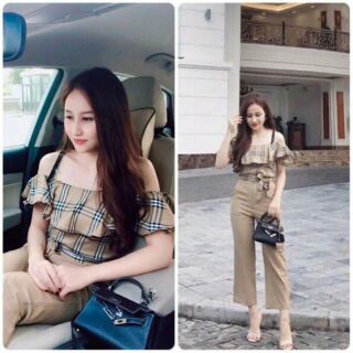 Combo 2set áo kẻ trễ vai + quần suông