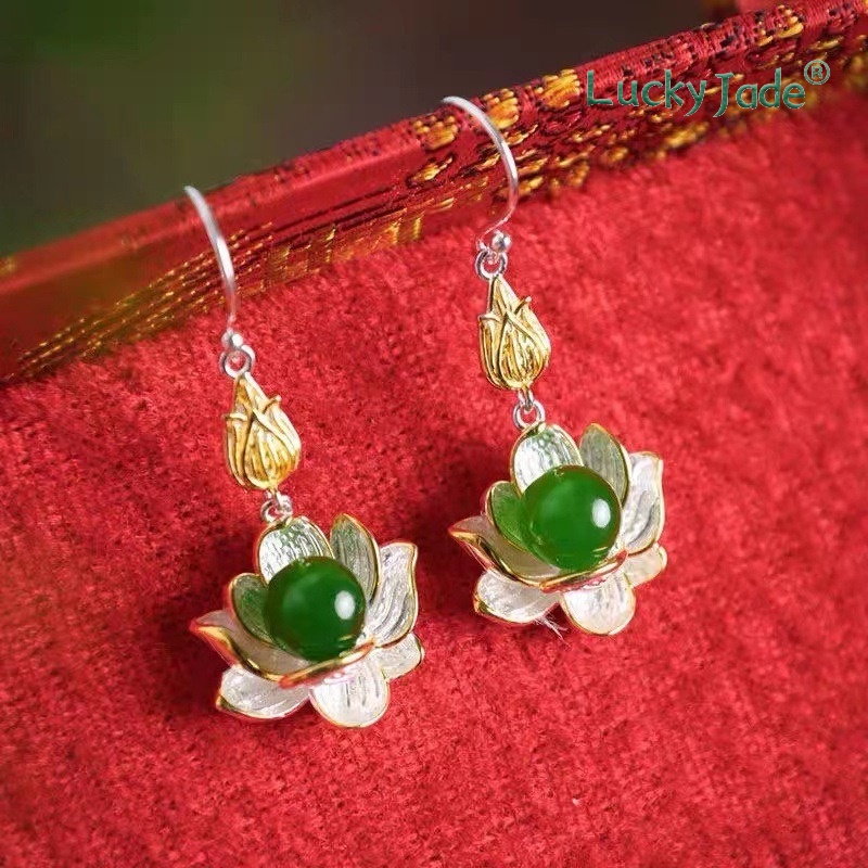 Khuyên Tai Bạc S925 Hình Hoa Sen Đính Đá Ngọc Bích Nhân Tạo Thời Trang