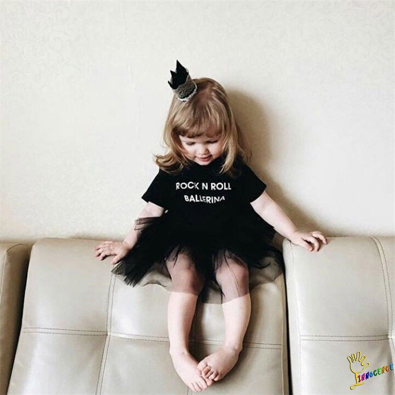 ❤XZQ-Letter Print Infant Baby Girl Tulle Rock N Roll Romper Dress Bodysuit Outfit Set