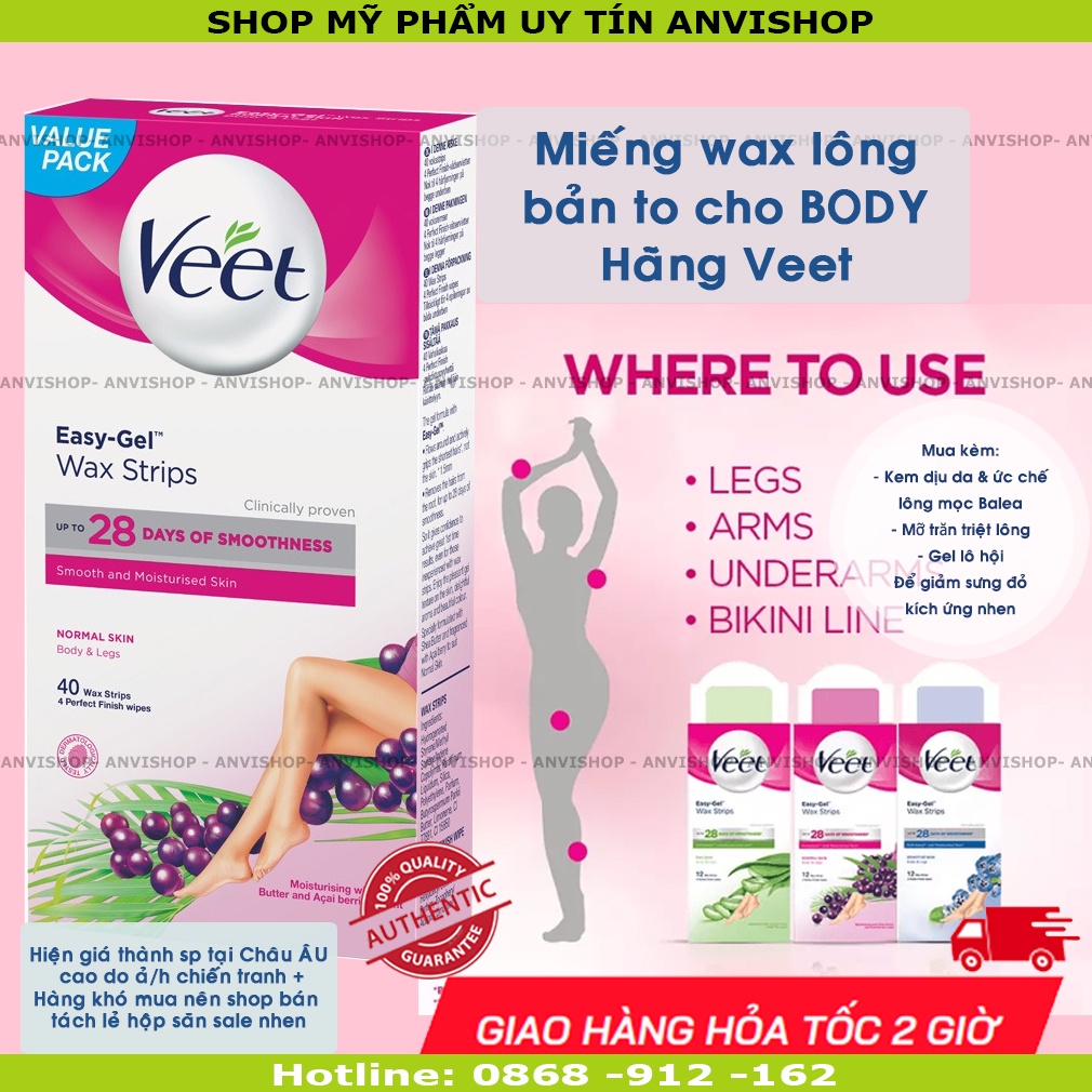 Miếng dán tẩy lông VEET dùng cho cơ thể / vùng kín / tay chân ANVISHOP - VEET Wax trips (veet body)