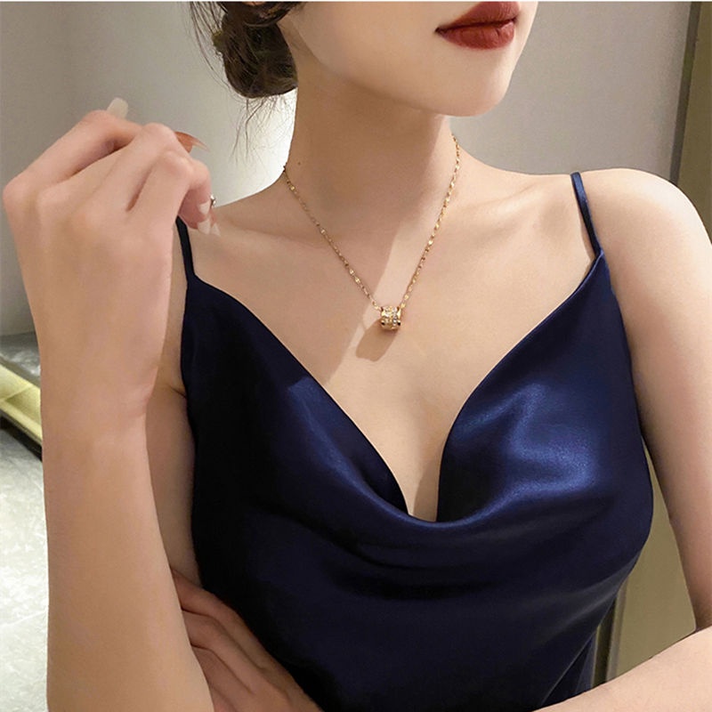 Dây chuyền nữ THÉP TITAN NGUYÊN CHẤT vòng cổ vàng 18k KHÔNG GỈ mặt hình trụ đơn giản phong cách ins hàn quốc