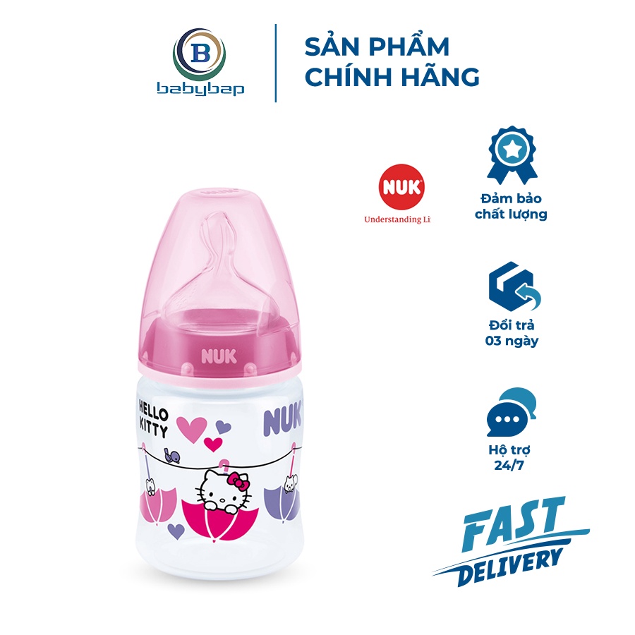 Bình Sữa NUK Premium Choice+ Nhựa PP 150ml/300ml (Hello Kitty) Núm Ti Có 1 Lỗ Tiết Sữa