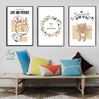 Bộ 3 tranh ĐỘNG VẬT đáng yêu, ngộ nghĩnh trang trí phòng bé gồm khung