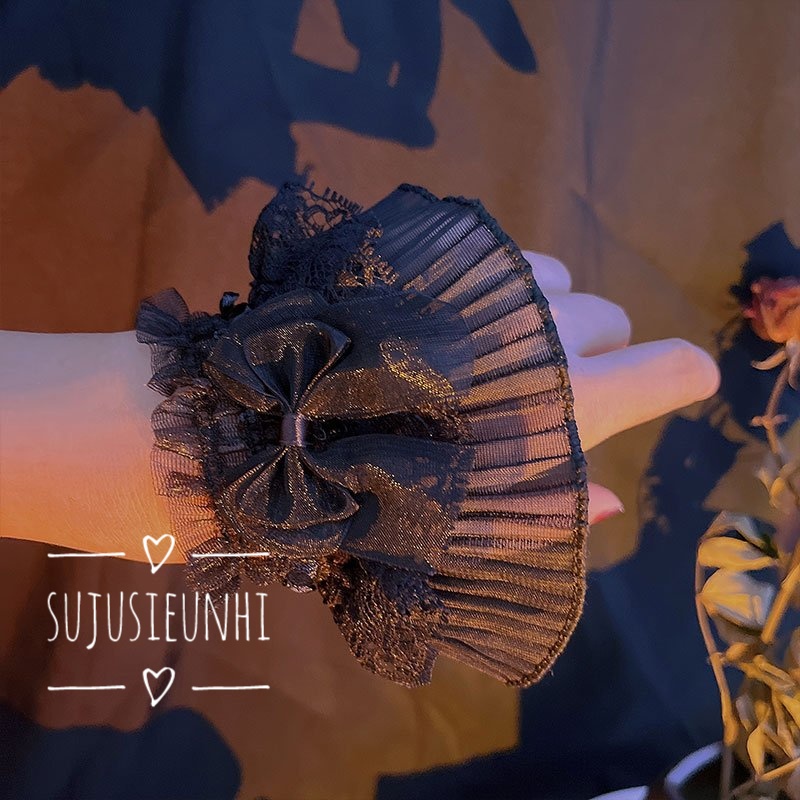 (2 mẫu, 2 màu) bộ 2 chiếc vòng đeo tay ren voan dáng xòe may xếp tầng phong cách lolita