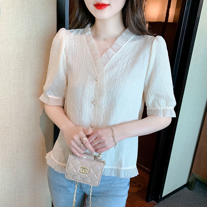 AMOI Áo Voan Tay Phồng Ngắn Cổ Chữ V Xinh Xắn Thời Trang Kiểu Pháp Cho Nữ 2022