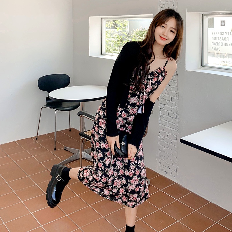 Đầm Hai Dây Dáng Ôm Che Bụng Họa Tiết Hoa 【ZHELIHANGFEI】