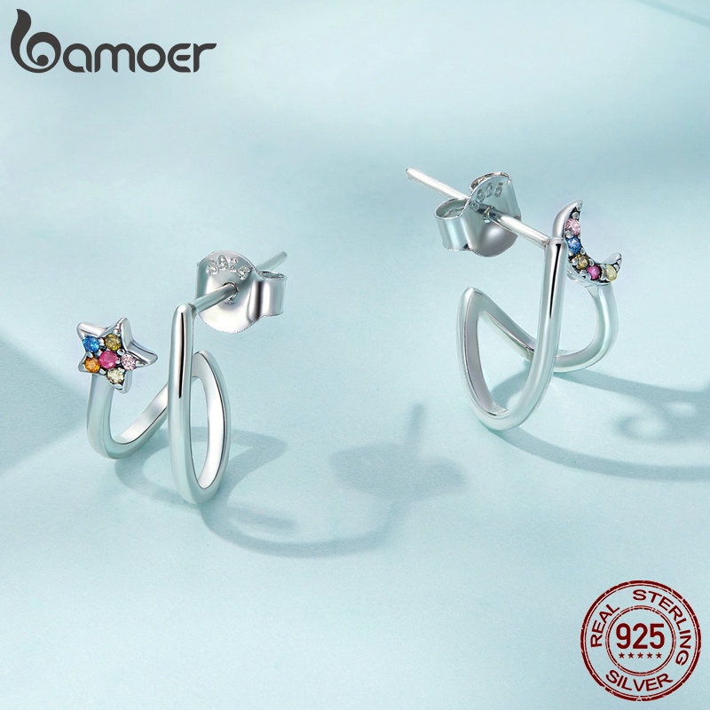 Bông tai BAMOER bạc 925 phối hình mặt trăng ngôi sao thời trang