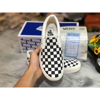 [Chuẩn 11 - Full box Giày thể thao lười slip on caro vault đen trắng nam nữ không dây