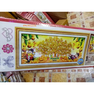 tranh đính đá cây kim tiền thần tài kt 130x60cm