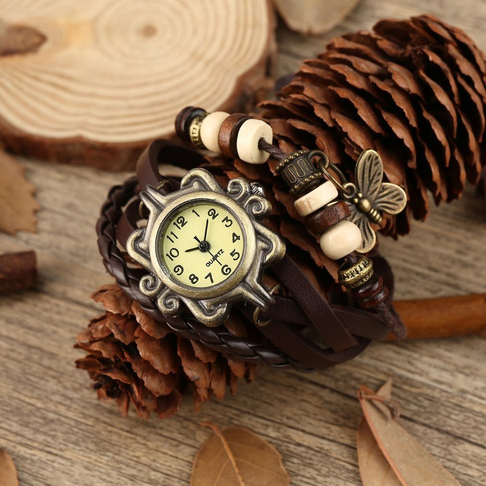 Đồng hồ đeo tay nhiều dây da giả xỏ hạt hợp kim phong cách cổ điển độc đáo cho nữ