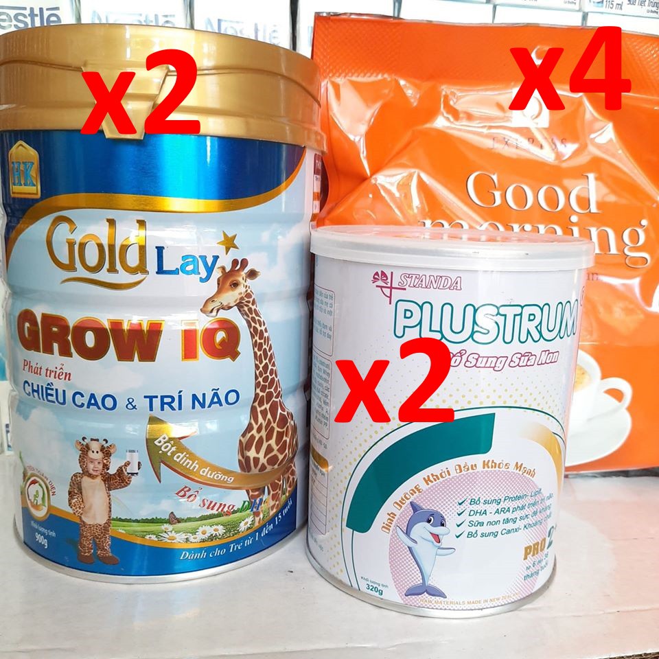 Combo 2 lon sữa Goldlay Grow 900g + 2 lon sữa Plustrum Pro 2 320g + 4 gói cafe Goodmorning (24 gói)