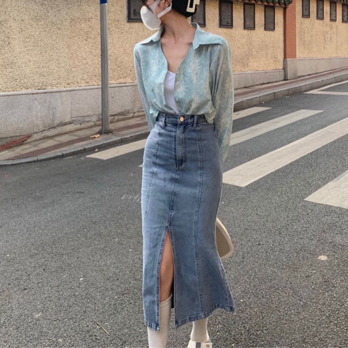 Summer Korean version of the new ins high waist split fishtail denim skirt women