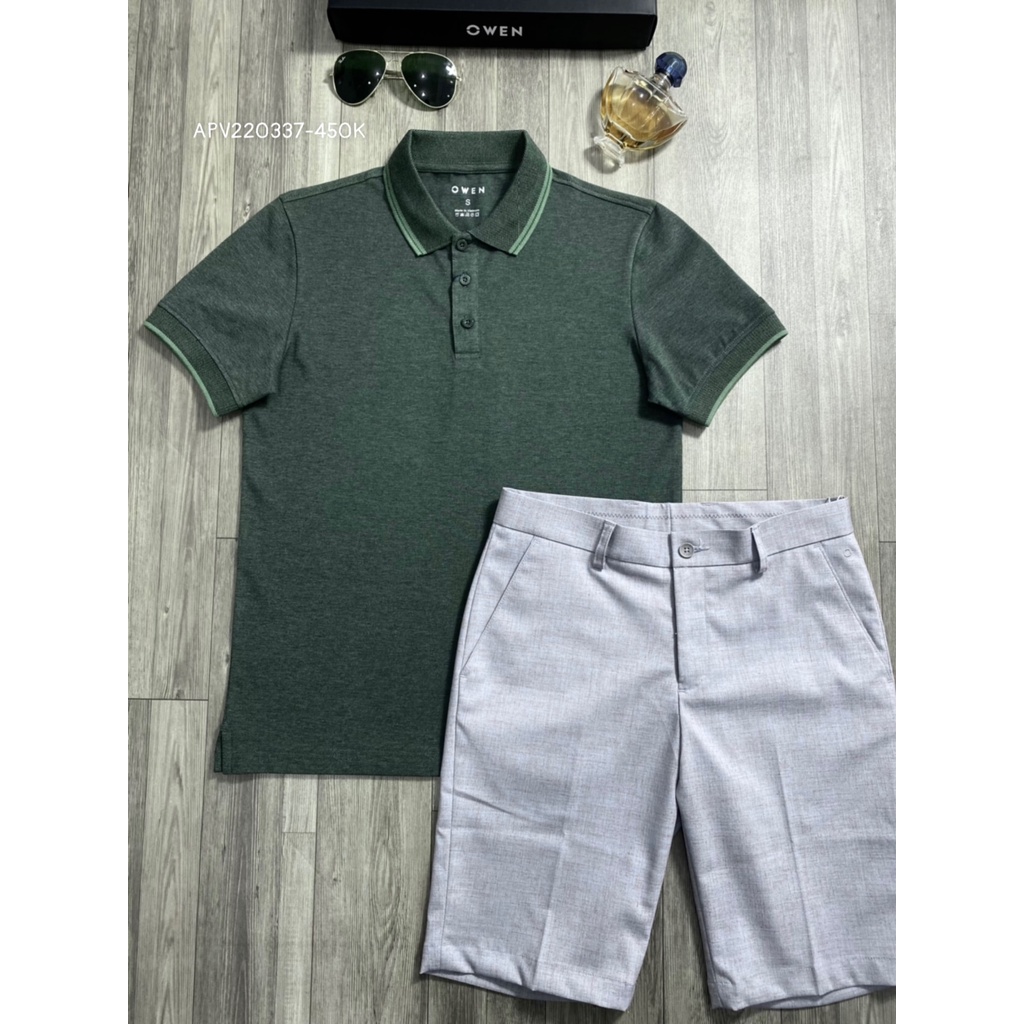 Áo thun nam có cổ bẻ polo OWEN APV220337 phông ngắn tay hàng hiệu cao cấp dáng body fit màu xanh lá viền cổ vải cotton