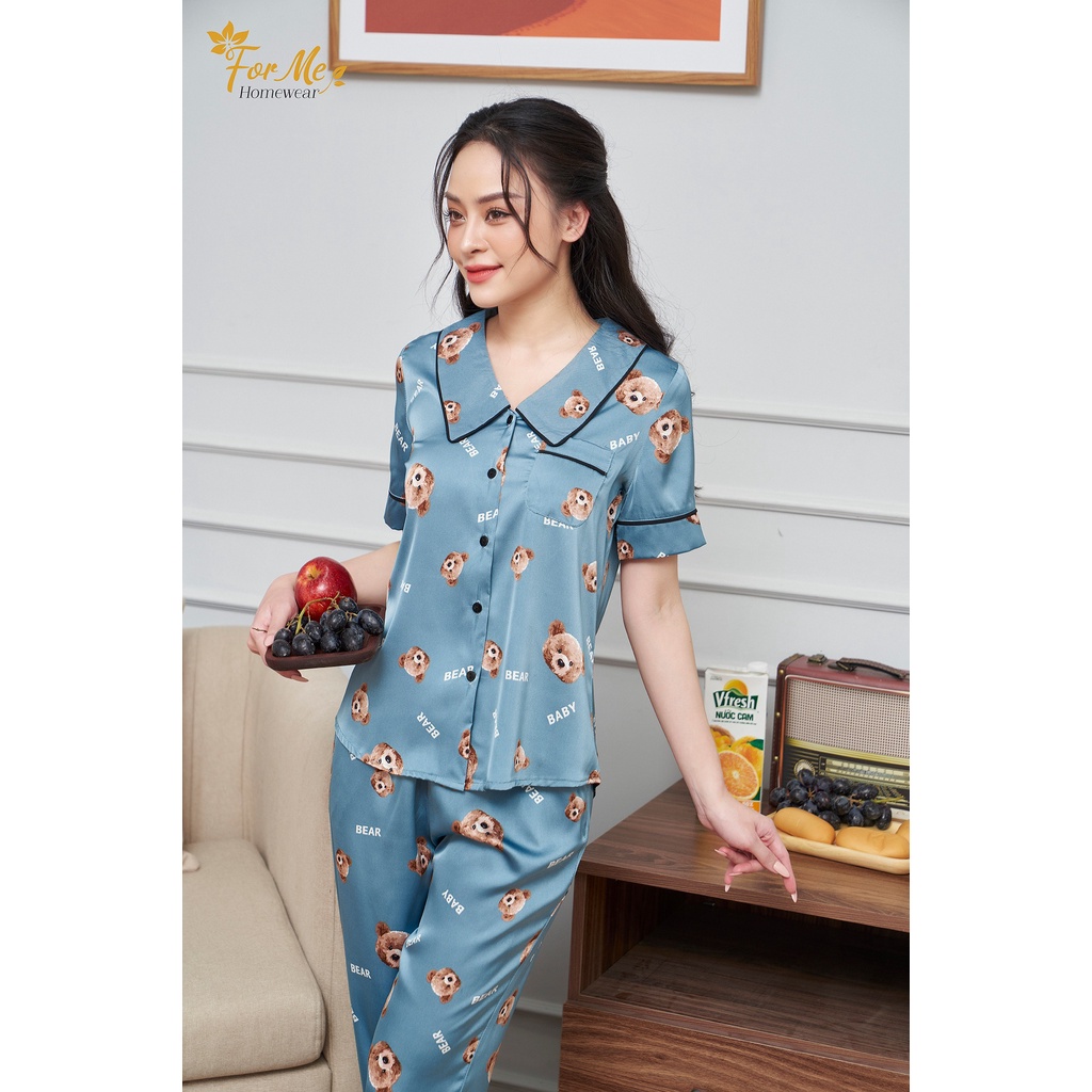 Bộ mặc nhà Lụa Giấy Luxury dáng ngắn tay quần dài Họa Tiết Gấu Bear 10, forme pijamas