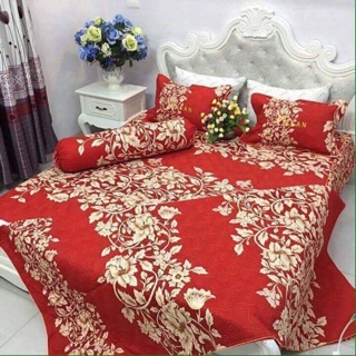 Bộ chăn ga gối phủ trần bông poly đỏ
