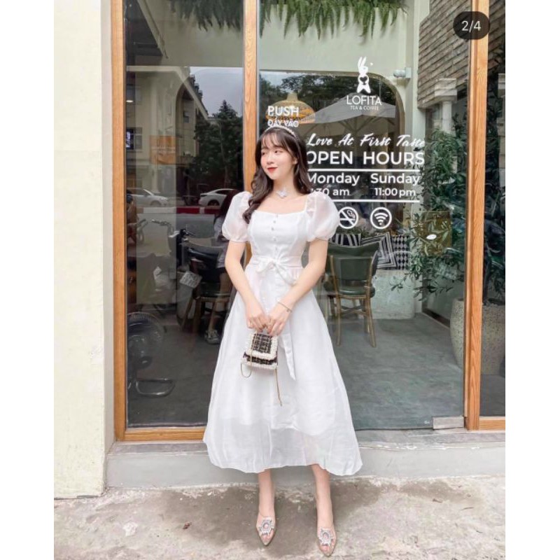 Đầm midi tơ xốp thắt nơ eo đính hột