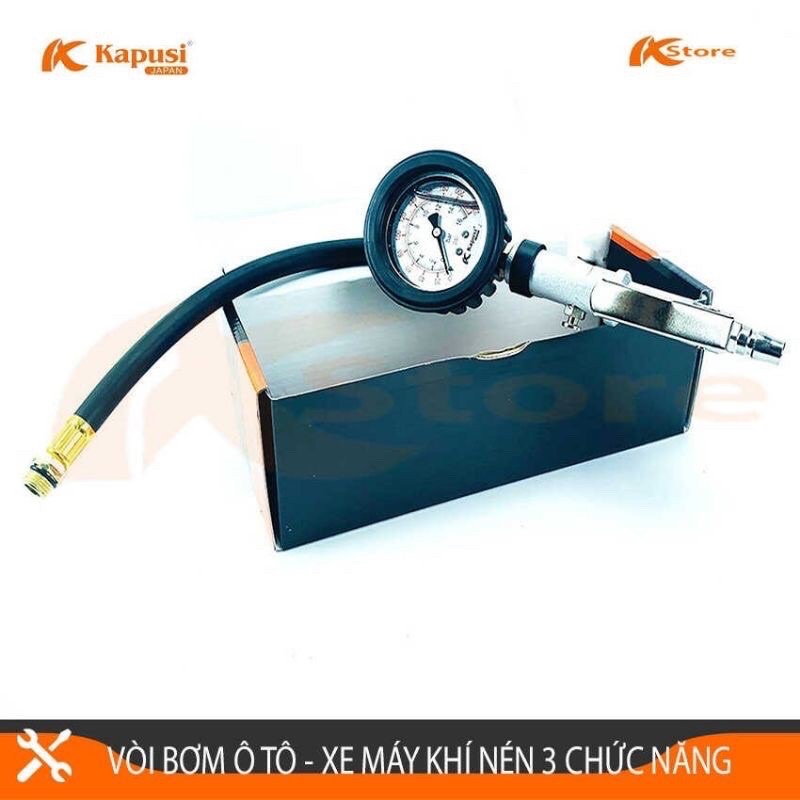 Bơm ô tô - xe máy khí nén 3 chức năng Kapusi có đồng hồ đo áp suất lốp