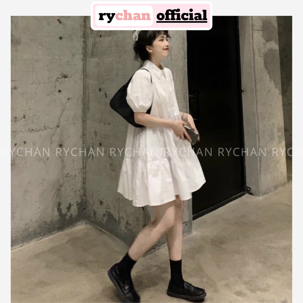Đầm Nữ Babydoll Đi Chơi Cổ Sơ Mi Tay Ngắn 2 Tầng Cực Trendy Màu Trắng Đen - DX9954