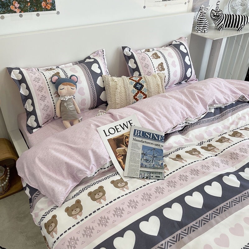 set chăn ga poly nhập khẩu chăn trần bông - mẫu tim kẻ hồng