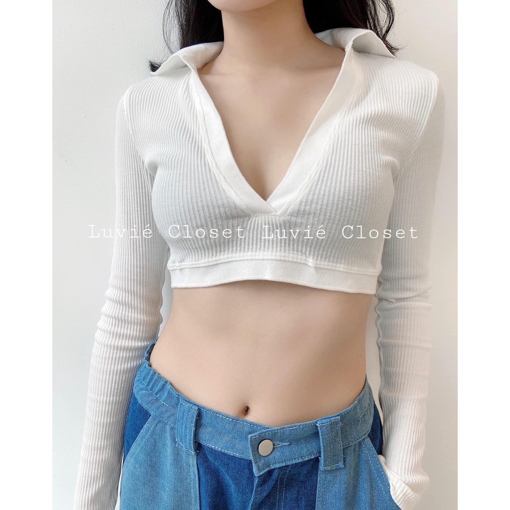 Áo croptop hở lưng cổ v bẻ thắt nơ sau tay dài - Luvie