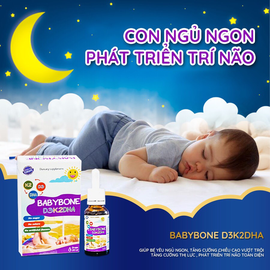 Vitamin cho bé BABYBONE D3K2DHA Bổ Sung Vitamin D3, K2, DHA giúp Bé Phát Triển Toàn Diện,Thông Minh,Cao Lớn (Lọ 20ml)