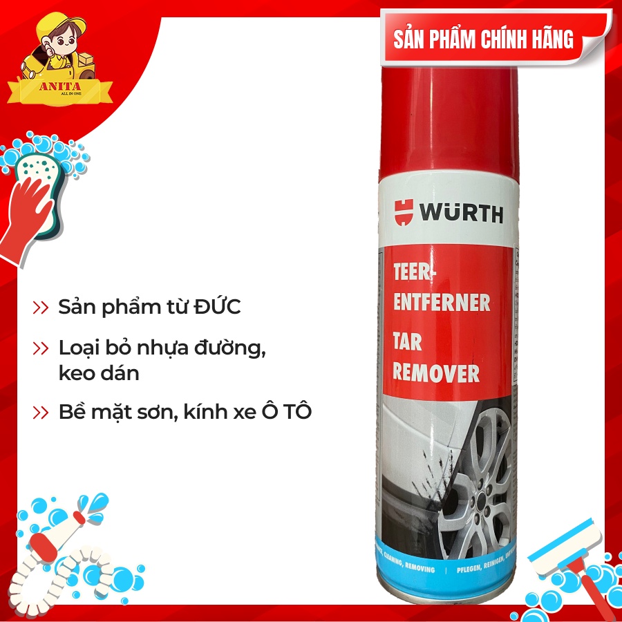 Chai xịt tẩy nhựa đường Wurth, Tẩy vết băng keo, nhựa cây bám dính trên bề mặt thân vỏ xe ô tô
