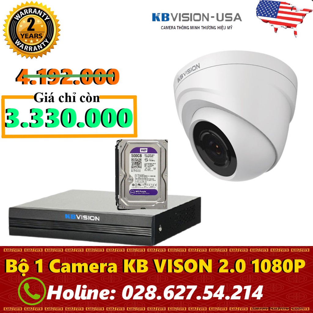 Trọn bộ 1-4 mắt camera 2MP KBVISION Full HD 1080P, hồng ngoại 20m, đầy