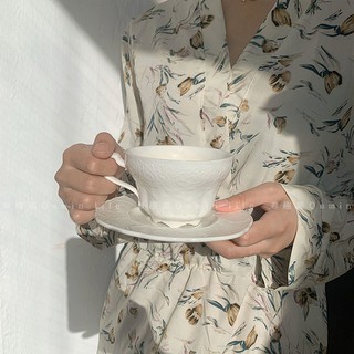 Bộ Cốc Sứ Uống Cà Phê / Trà Chiều Dập Nổi Họa Tiết Trái Tim Phong Cách Retro Hàn Quốc
