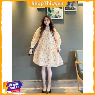 Đầm hoa nhí babydoll tay phồng dài mặc đi chơi, đầm tiểu thư Hàn Quốc cổ tròn, váy xòe bồng dễ thương