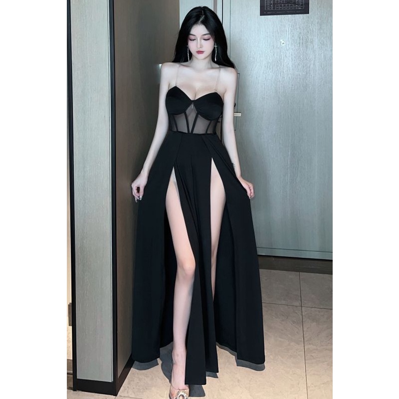 Đầm dài 2 dây xẻ tà khoét rỗng thiết kế sang trọng phong cách Hepburn khí chất quyến rũ màu đen cho nữ JE3M